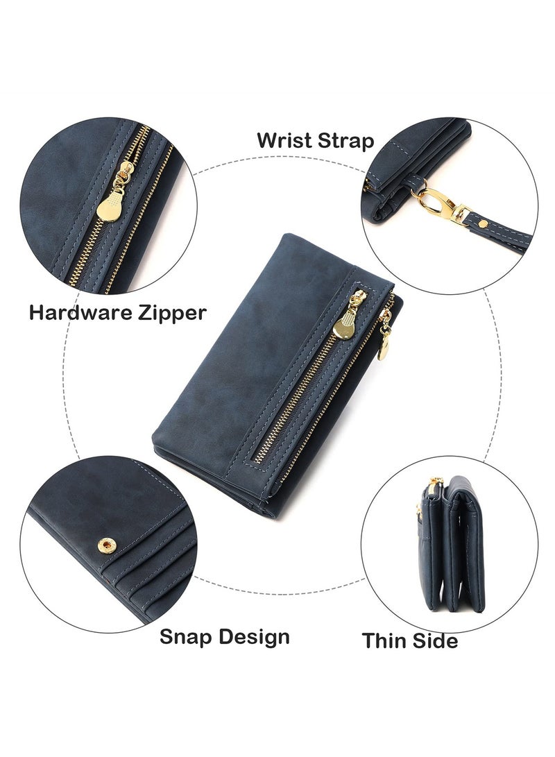 SYOSI Women's Soft Leather Wallet, Multiple Card Slots Purse, Large Capacity Clutch Bag with Zipper and Wrist Strap, Blue  - Image 3