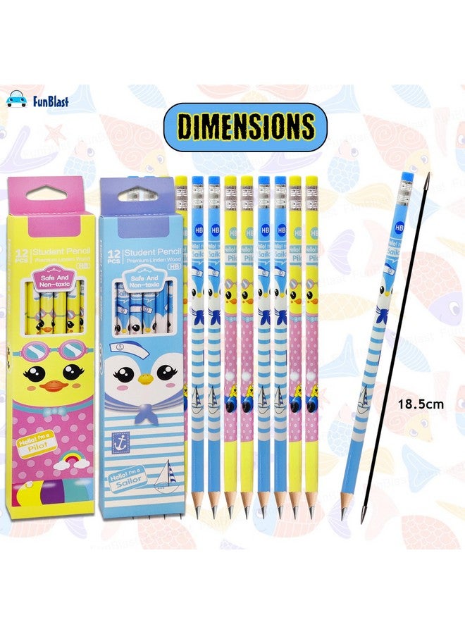 فنبلاست أقلام رصاص فن بلاست مع ممحاة في الأعلى - مجموعة أقلام رصاص جرافيت برسومات حيوانات كرتونية للأطفال، قلم رصاص HB للكتابة والرسم والخط والتظليل، هدية عيد ميلاد للأطفال (بطة وسمكة) - Image 3