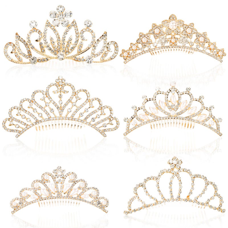 Lyellfe 6 Pack Princess Tiara Crown Crystal Rhinestone Headbands with Comb Gold Tiaras and Crowns Hair Accessories for Birthday Party Proms Gifts