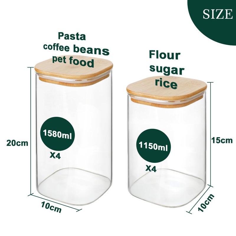 LIBWYS 8-Pack Glass Pantry Storage Containers with Bamboo Lids (1.22Qt/1.67Qt) - Stackable Square Food Jars for Pantry Organization, Coffee, Flour, Snacks, Tea | Kitchen Canisters Set - Image 3