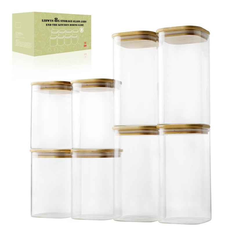LIBWYS 8-Pack Glass Pantry Storage Containers with Bamboo Lids (1.22Qt/1.67Qt) - Stackable Square Food Jars for Pantry Organization, Coffee, Flour, Snacks, Tea | Kitchen Canisters Set - Image 1