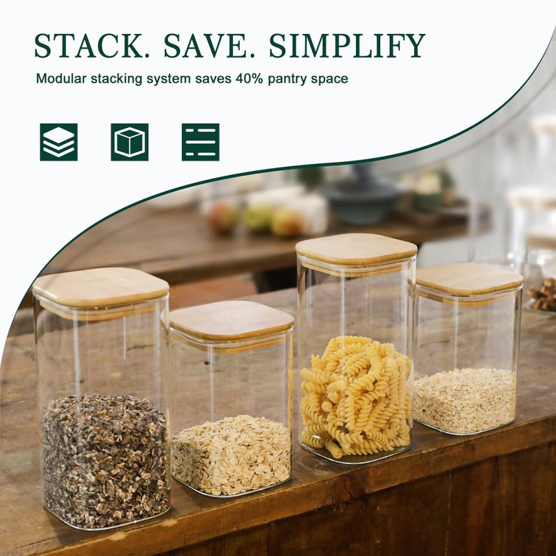 LIBWYS 8-Pack Glass Pantry Storage Containers with Bamboo Lids (1.22Qt/1.67Qt) - Stackable Square Food Jars for Pantry Organization, Coffee, Flour, Snacks, Tea | Kitchen Canisters Set - Image 5