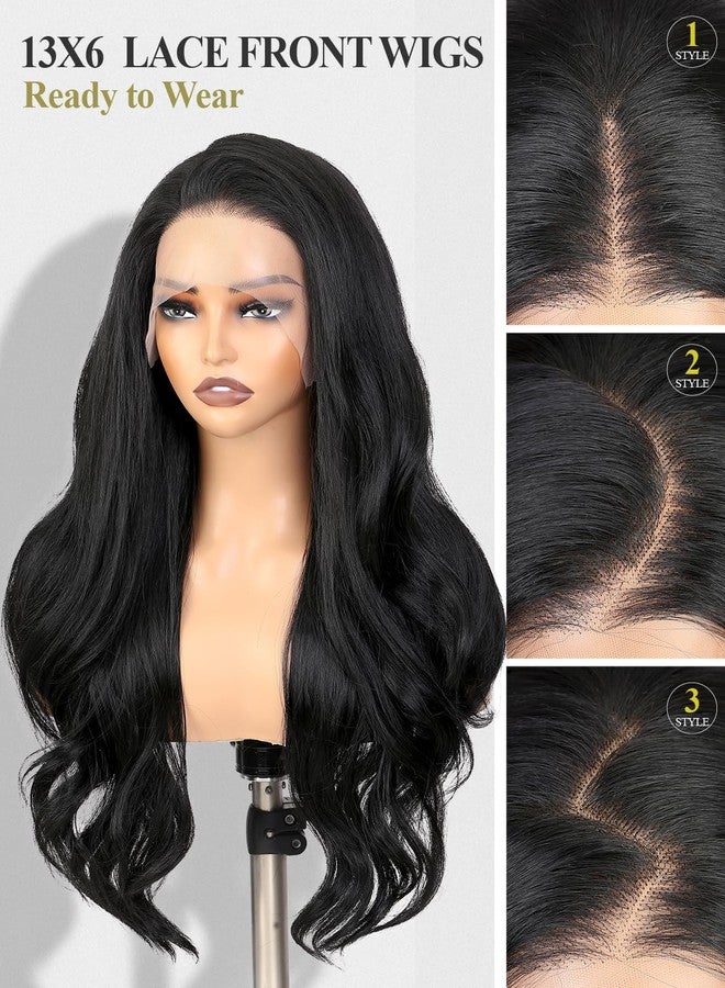WIGER Black Lace Front Wigs 13x6 Lace Layered Wave Synthetic Wig Pre Plucked Wavy Wig for Women Daily Party Use 26 Inch - Image 3
