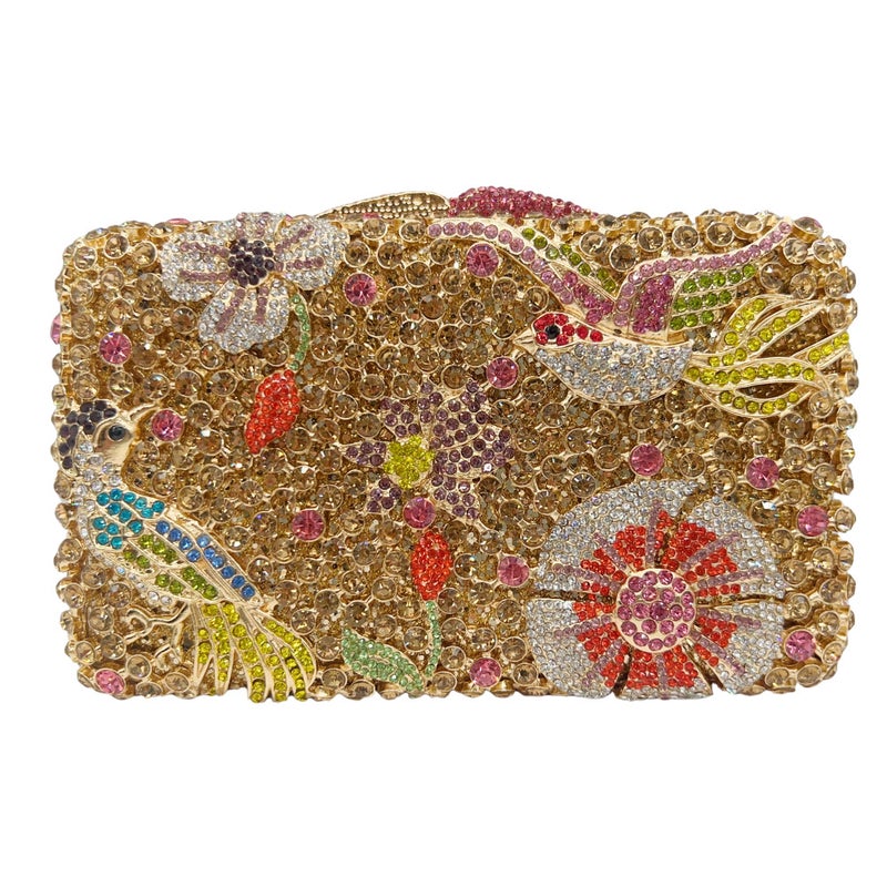 Floral Diamond-Encrusted Evening Bag, Metal Hard Box Full Of Diamonds, Dress Bag, Banquet Handbag, Stone Clutch - Image 1