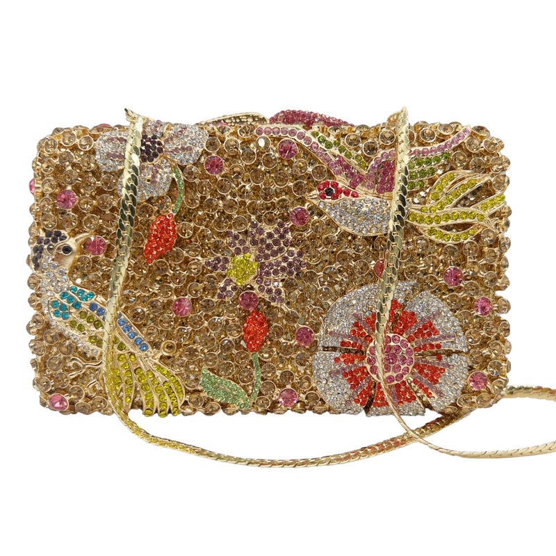 Floral Diamond-Encrusted Evening Bag, Metal Hard Box Full Of Diamonds, Dress Bag, Banquet Handbag, Stone Clutch - Image 5