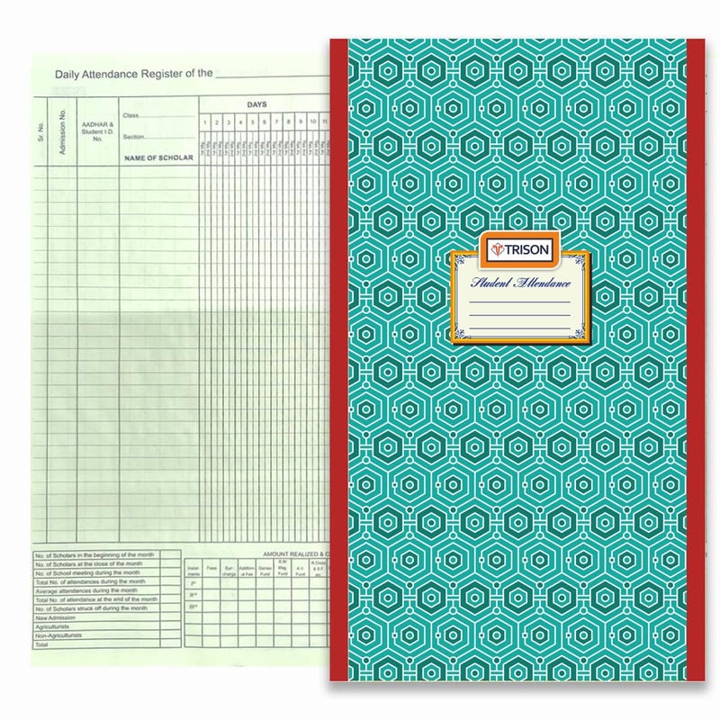 Trison Student Attendance/Class Attendance Register | 10"x15" | 2 Index + 34 attendance Pages | 70 GSM Green Ledger Paper | Hardbound | 31 Days Format | Quire 2 | Pack of 1 - Image 1