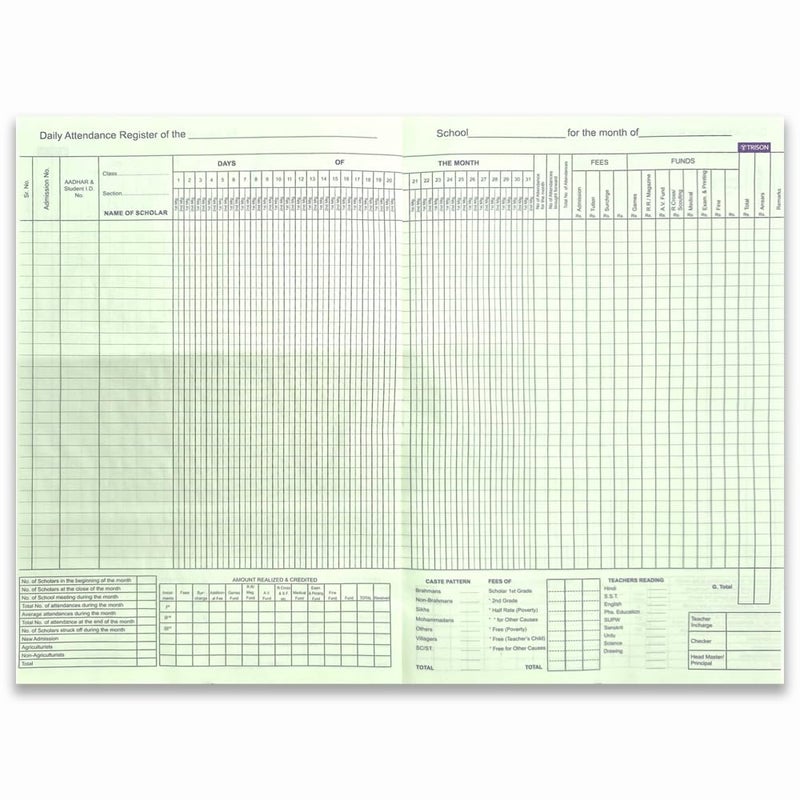 Trison Student Attendance/Class Attendance Register | 10"x15" | 2 Index + 34 attendance Pages | 70 GSM Green Ledger Paper | Hardbound | 31 Days Format | Quire 2 | Pack of 1 - Image 5
