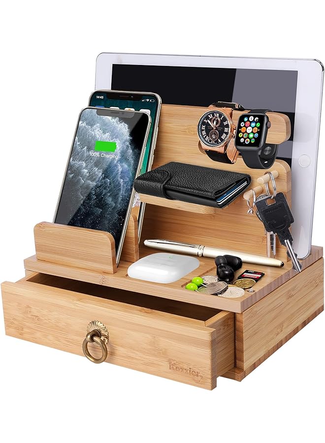 iCozzier Bamboo Multiple Device Desktop Dock Station Watch Organizer Key Holder With Drawer For Iwatch Airpods Ipad Smartphones Tablets Kindles - Image 1