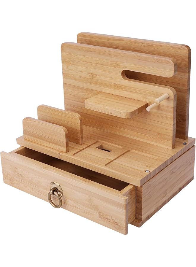 iCozzier Bamboo Multiple Device Desktop Dock Station Watch Organizer Key Holder With Drawer For Iwatch Airpods Ipad Smartphones Tablets Kindles - Image 2
