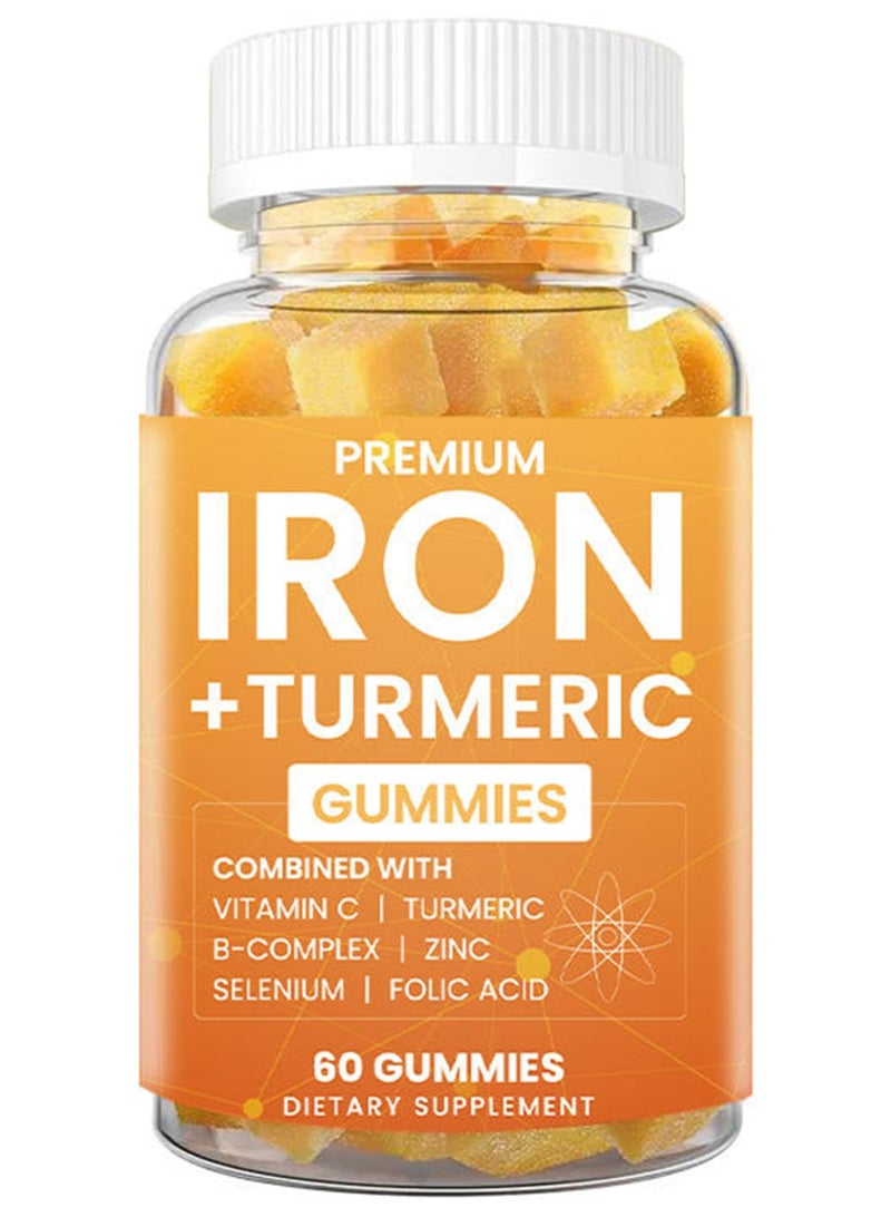 بريميم حلوى الحديد + الكركم ٥٠٠ ملغ للنساء والرجال، مكمل غذائي غني بالحديد مع فيتامينات متعددة (ج، أ، ب المركب)، حمض الفوليك، والزنك لعلاج نقص الحديد وفقر الدم والطاقة، لطيف على المعدة، لا يسبب الإمساك، قابل للمضغ، نباتي - Image 1