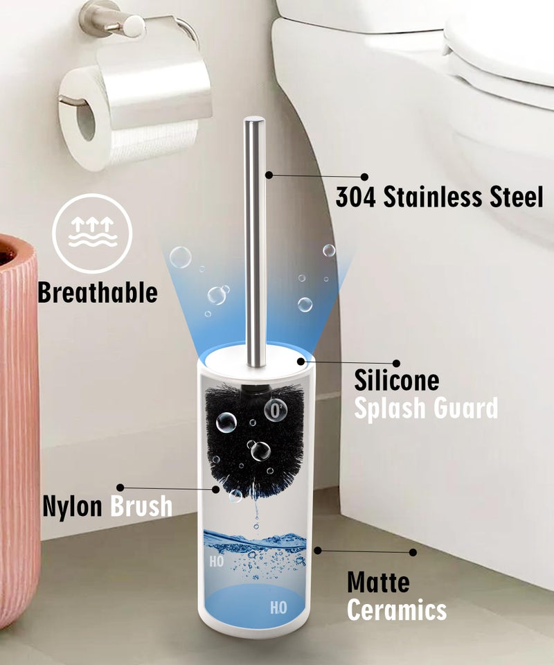 Viosuniu Matt White Ceramic Toilet Brush and Holder Set, Durable Bristles Non Scratch Toilet, Long Stainless Steel Handle, Freestanding Toilet Bowl Cleaners Brush, Scrubber Brush for Toilet - Image 5