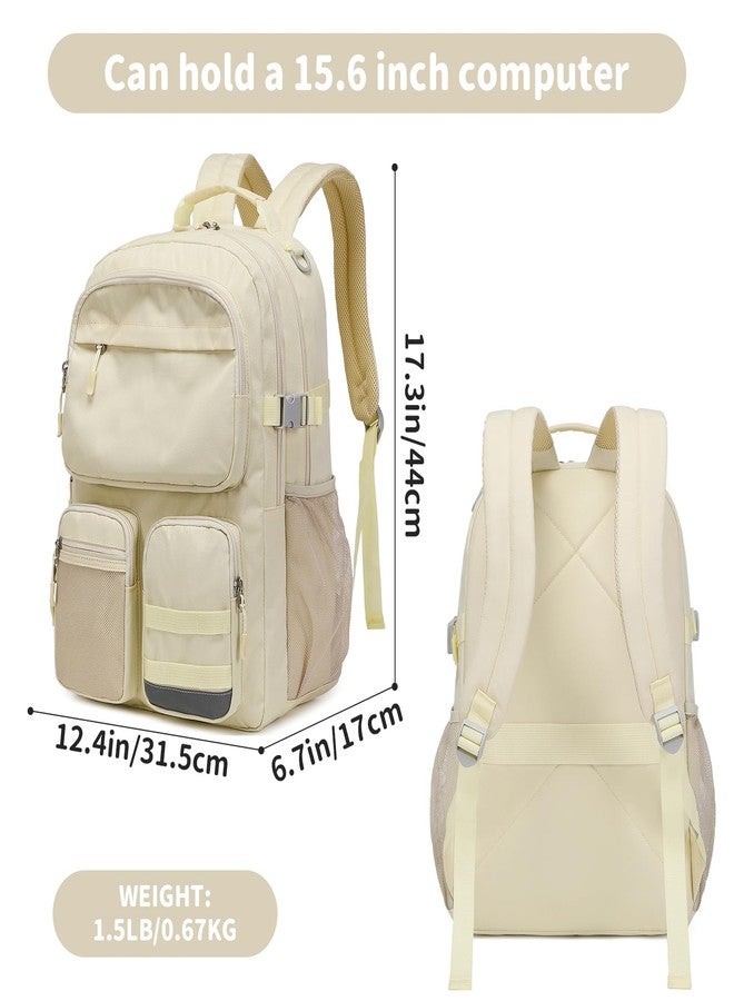Lohol Water Resistant Backpack with Multifunctional Pockets for Teens, Durable Bookbag fits 15.6 inch Laptop, Beige, 17.3 x 12.4 x 6.7 inches - Image 3