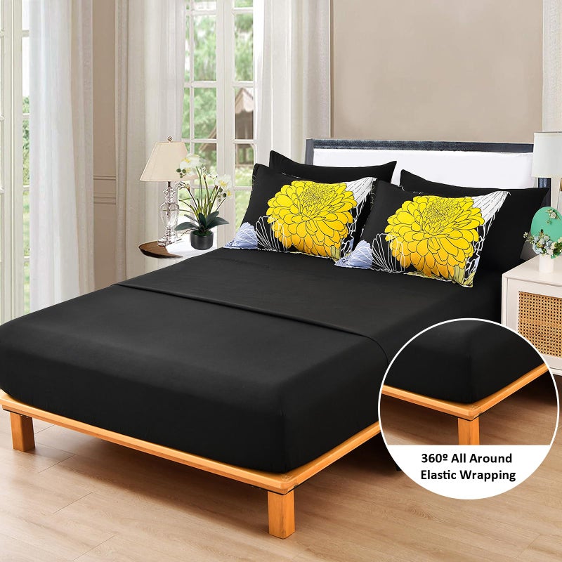 YIRAN 7 Pieces King Yellow Black Comforter Set Bed in a Bag Floral Bedding Set Soft Microfiber Boho Comforter (1 Comforter 1 Flat Sheet 1 Fitted Sheet 2 Pillowshams 2 Pillowcases) - Image 4