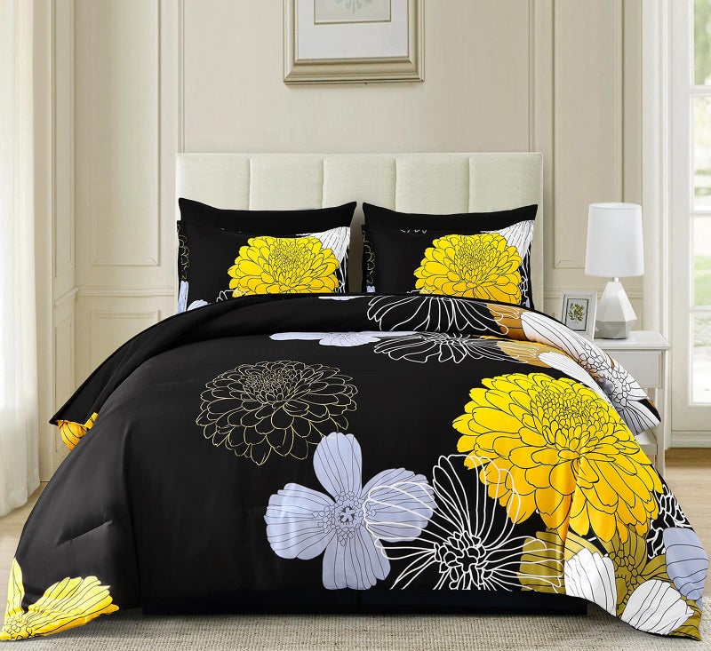 YIRAN 7 Pieces King Yellow Black Comforter Set Bed in a Bag Floral Bedding Set Soft Microfiber Boho Comforter (1 Comforter 1 Flat Sheet 1 Fitted Sheet 2 Pillowshams 2 Pillowcases) - Image 2