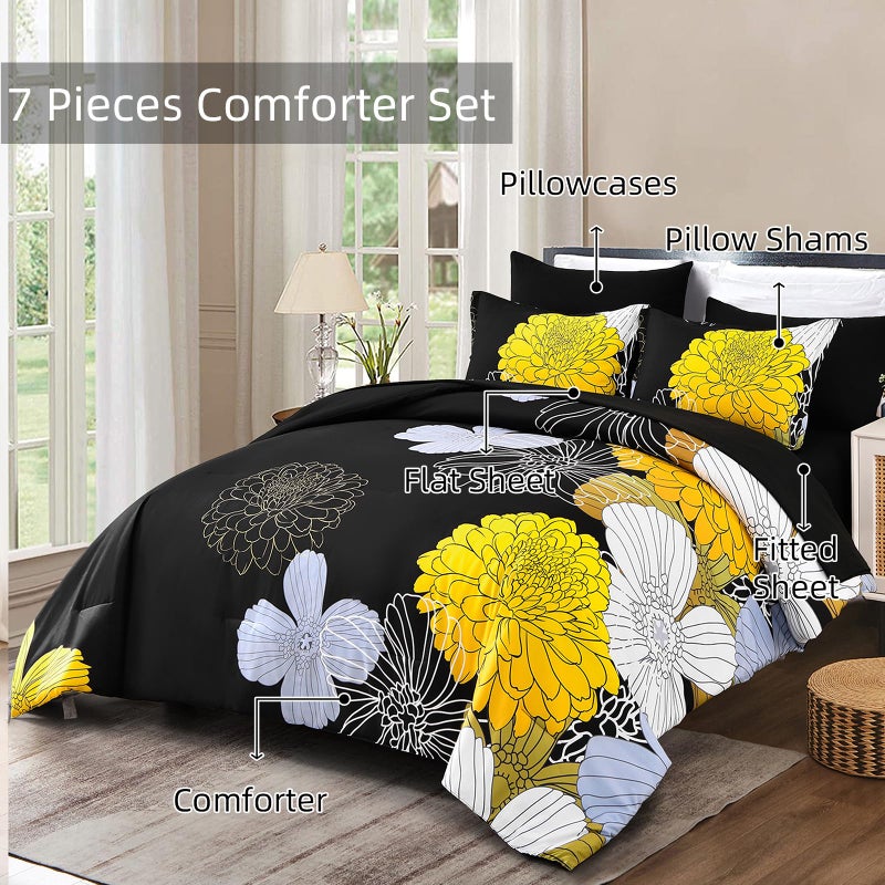 YIRAN 7 Pieces King Yellow Black Comforter Set Bed in a Bag Floral Bedding Set Soft Microfiber Boho Comforter (1 Comforter 1 Flat Sheet 1 Fitted Sheet 2 Pillowshams 2 Pillowcases) - Image 3