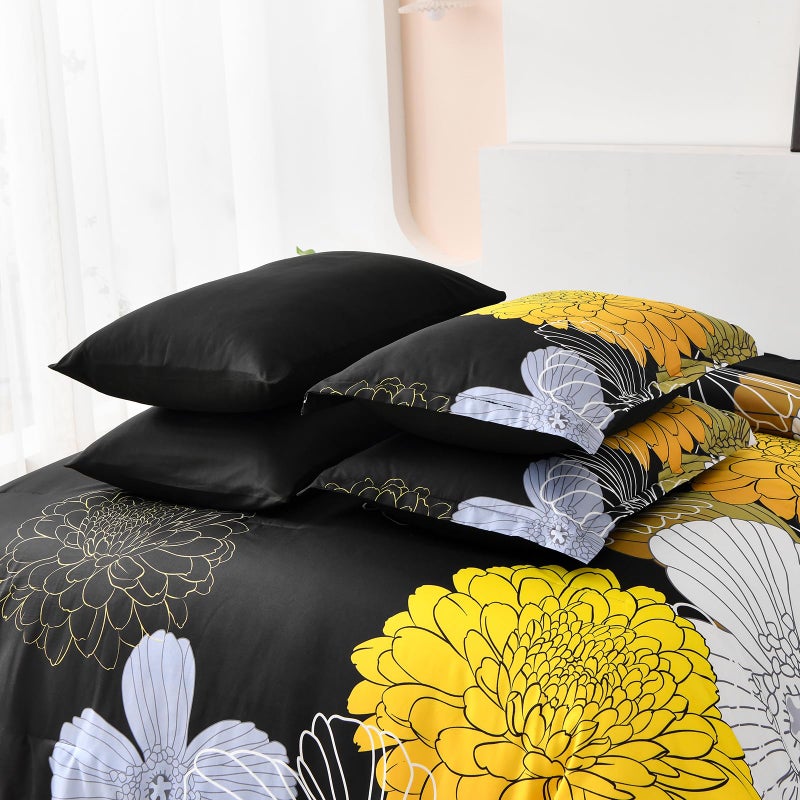 YIRAN 7 Pieces King Yellow Black Comforter Set Bed in a Bag Floral Bedding Set Soft Microfiber Boho Comforter (1 Comforter 1 Flat Sheet 1 Fitted Sheet 2 Pillowshams 2 Pillowcases) - Image 5