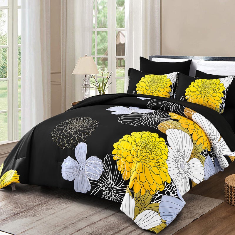 YIRAN 7 Pieces King Yellow Black Comforter Set Bed in a Bag Floral Bedding Set Soft Microfiber Boho Comforter (1 Comforter 1 Flat Sheet 1 Fitted Sheet 2 Pillowshams 2 Pillowcases) - Image 1