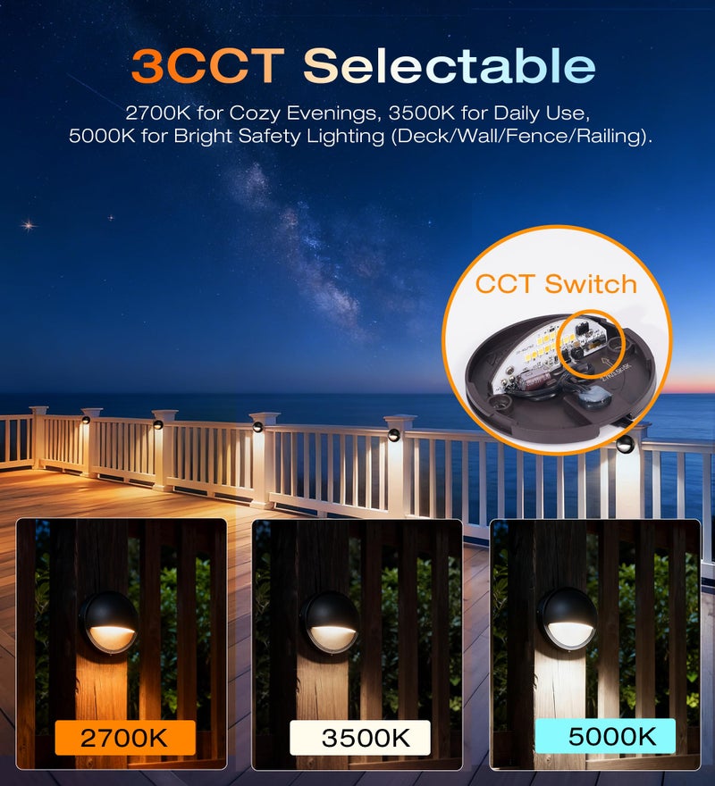 CLOUDY BAY [12 Pack] 3CCT Low Voltage LED Deck Lights Outdoor,2700K/3500K/5000K Selectable,Landscape Step Stair Railing Fence Light Wired,3W,12V-24V AC/DC Deck Lighting Fixtures - Image 4