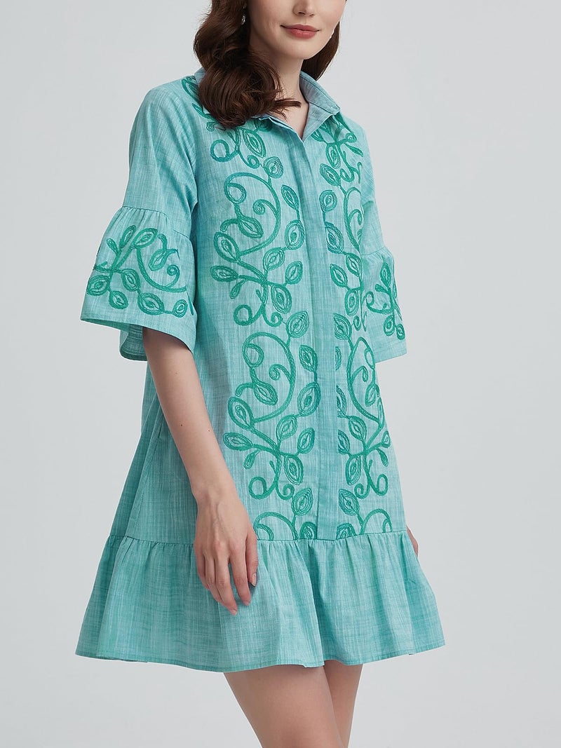 Kedera Women's Summer Button Down Shirt Dress Casual Ruffle Sleeve Shift Mini Dresses with Pockets Green - Image 4