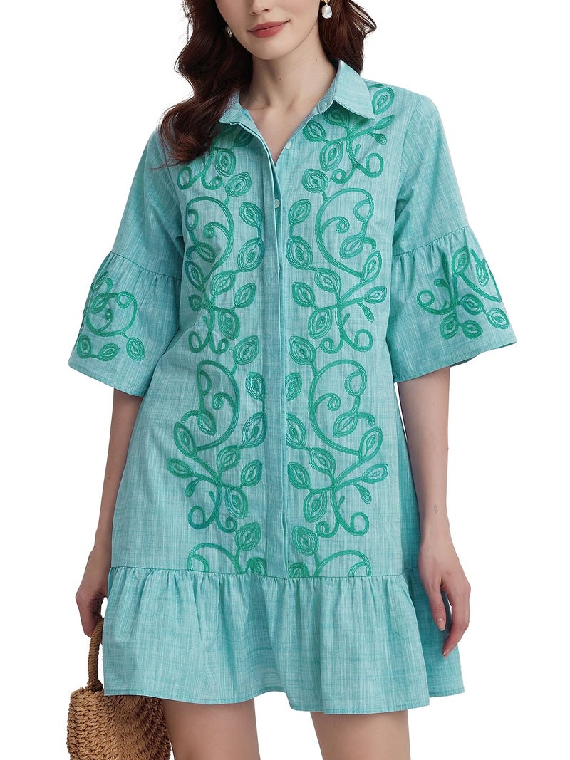 Kedera Women's Summer Button Down Shirt Dress Casual Ruffle Sleeve Shift Mini Dresses with Pockets Green - Image 1