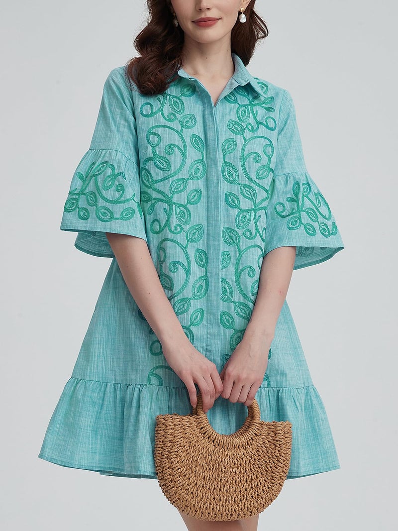 Kedera Women's Summer Button Down Shirt Dress Casual Ruffle Sleeve Shift Mini Dresses with Pockets Green - Image 5