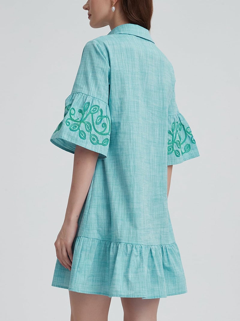 Kedera Women's Summer Button Down Shirt Dress Casual Ruffle Sleeve Shift Mini Dresses with Pockets Green - Image 2