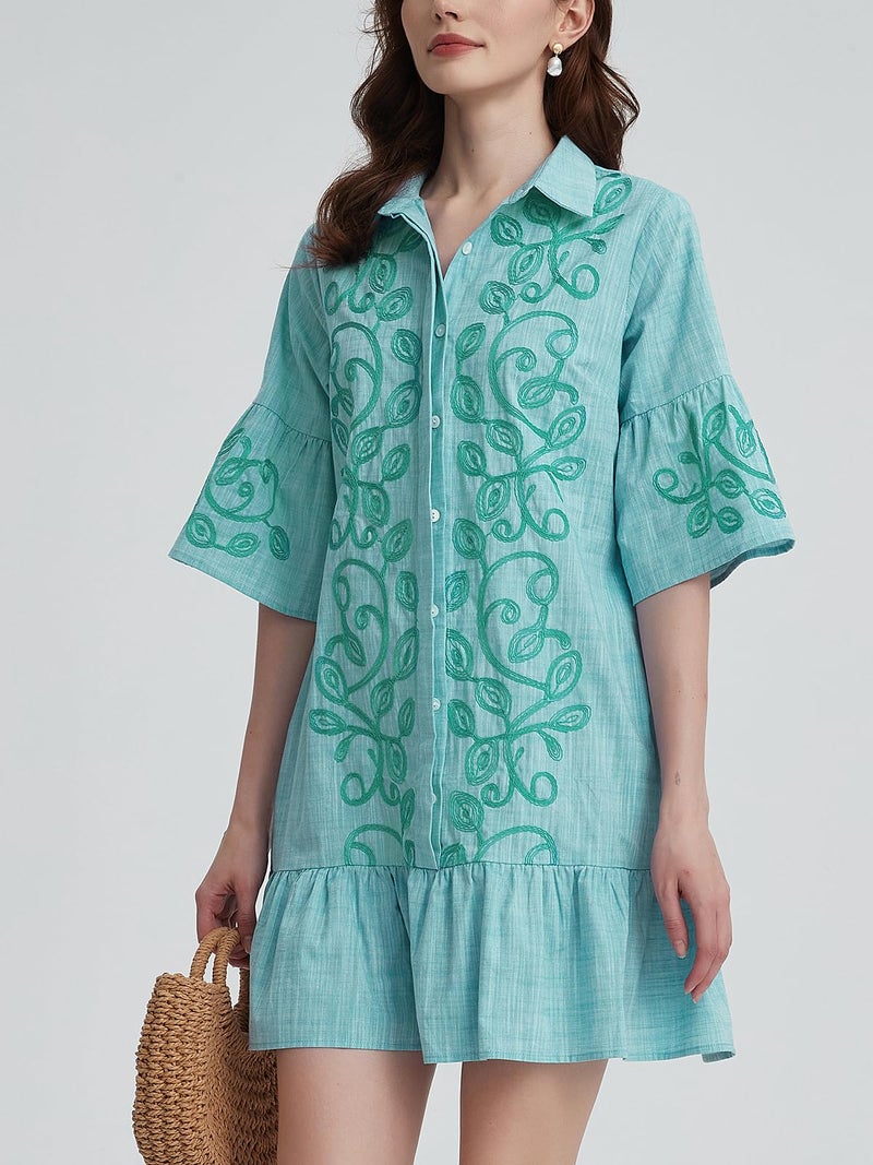 Kedera Women's Summer Button Down Shirt Dress Casual Ruffle Sleeve Shift Mini Dresses with Pockets Green - Image 3