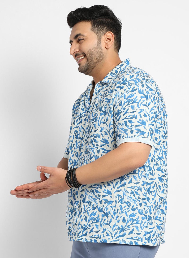 انستافاب بلس قميص رجالي أزرق بنقوش أوراق شجر بأكمام قصيرة وياقة عادية من قطن مريح للملابس الكاجوال - Image 3