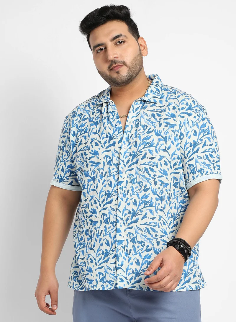 Instafab Plus Instafab Plus Men's Blue Foliage Strokes Shirt For Casual Wear | Spread Collar | Short Sleeve | Button Closure | Cotton Shirt Crafted With Comfort Fit For Everyday Wear