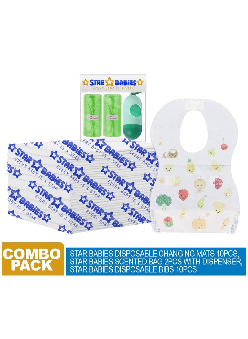 STAR BABiES Star Babies Combo pack (Changing mat 10pcs, Bibs 10pcs, Scented bag 2pcs with dispenser)  - Image 1