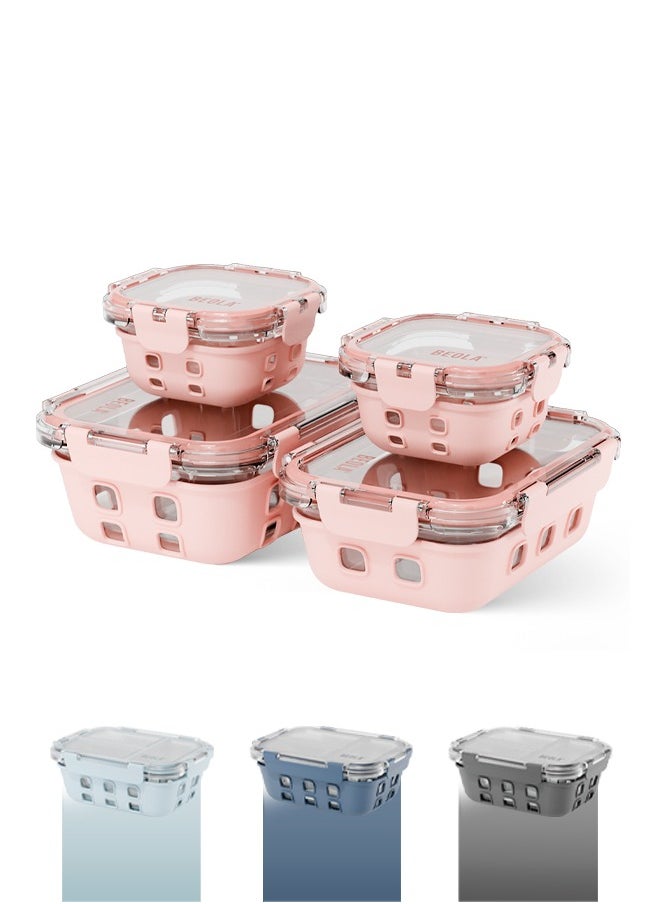 BEOLA Set of 4 Glass Food Storage Containers with Airtight Lids and Silicone Protection, Leakproof Food Organizer, Freezer, Dishwasher, Microwave Safe, Kitchen Organizer for Food, BPA FREE(Blush Pink)  - Image 1