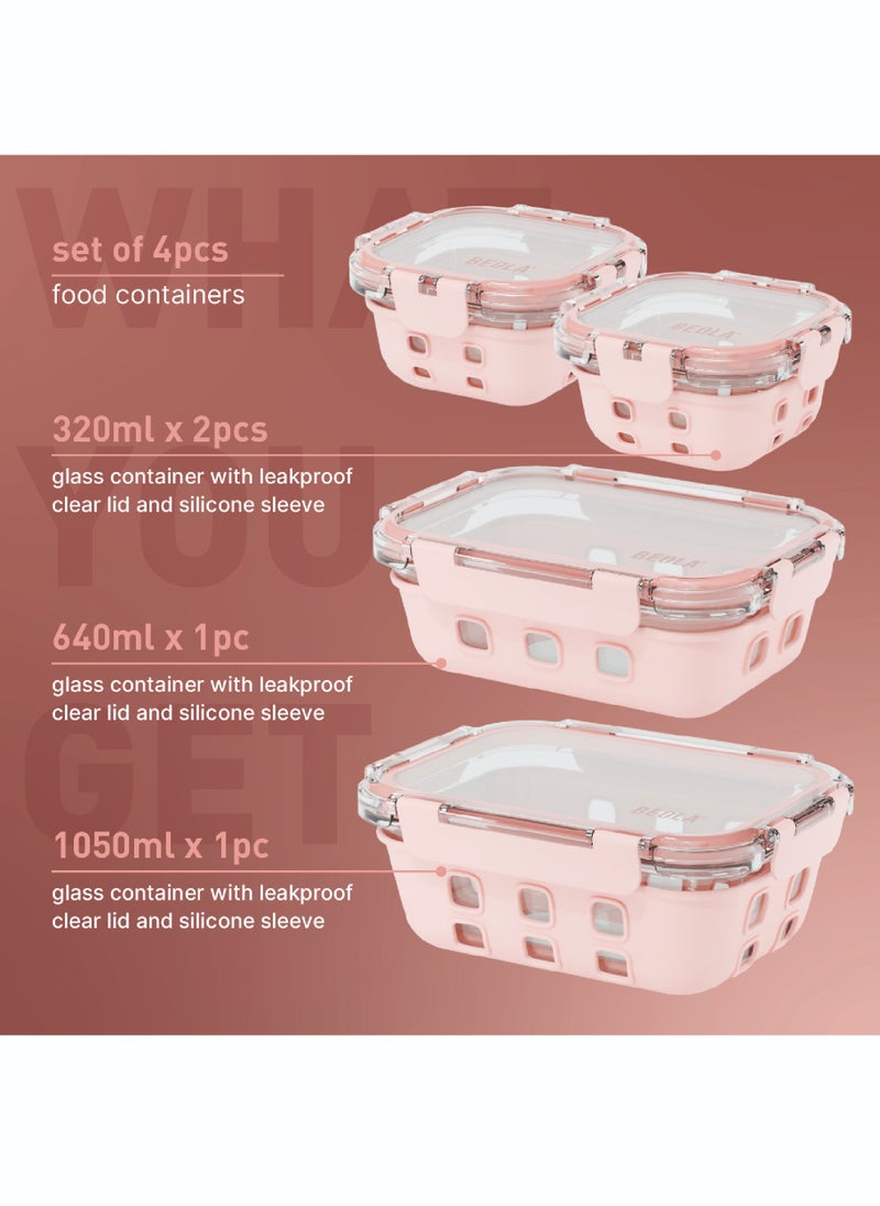 BEOLA Set of 4 Glass Food Storage Containers with Airtight Lids and Silicone Protection, Leakproof Food Organizer, Freezer, Dishwasher, Microwave Safe, Kitchen Organizer for Food, BPA FREE(Blush Pink)  - Image 2