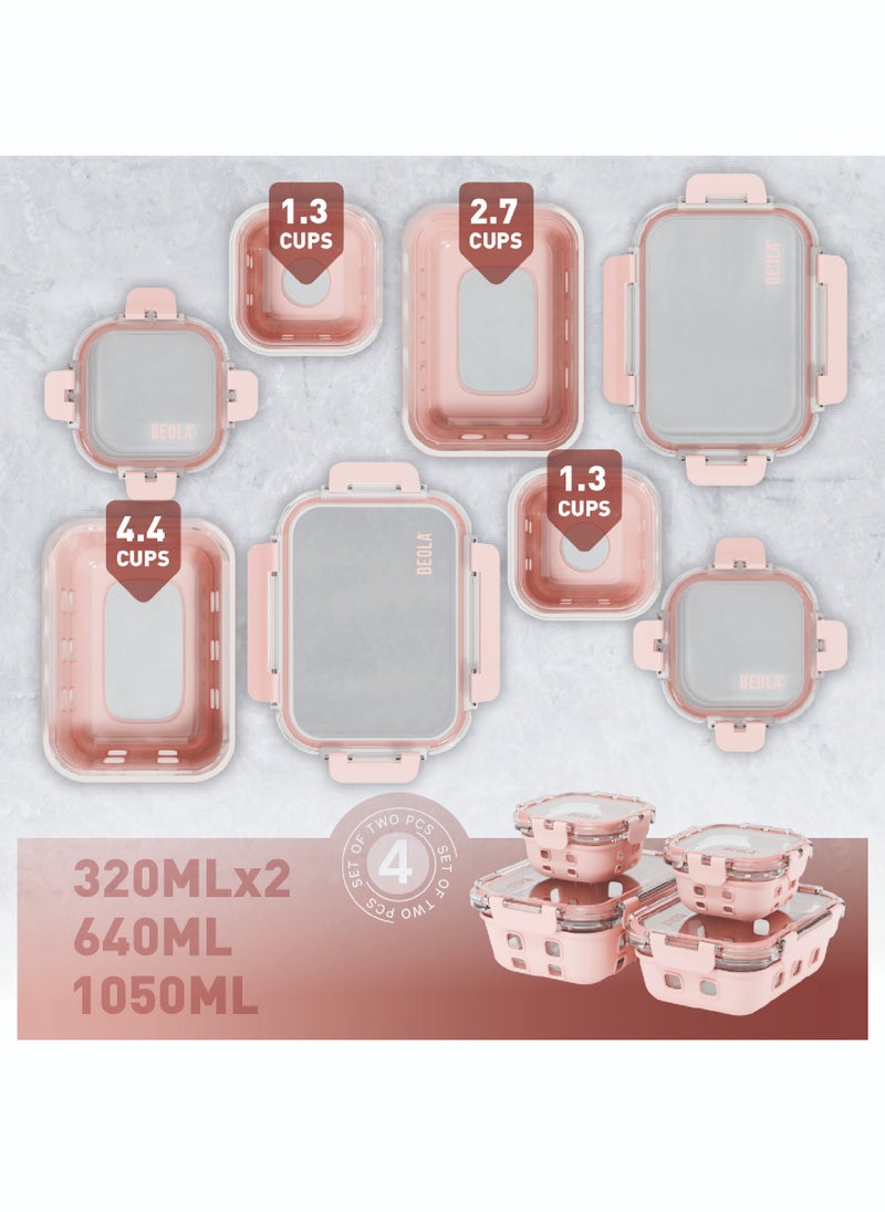 BEOLA Set of 4 Glass Food Storage Containers with Airtight Lids and Silicone Protection, Leakproof Food Organizer, Freezer, Dishwasher, Microwave Safe, Kitchen Organizer for Food, BPA FREE(Blush Pink)  - Image 3