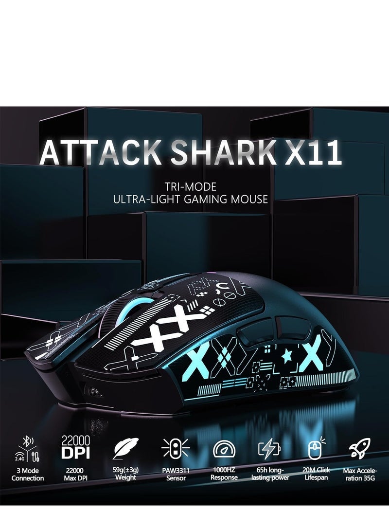 Attack Shark X11 Lightweight Wireless Gaming Mouse with RGB Charging Dock, Tri-Mode: 2.4G/USB-C Wired/BT, Up to 22K DPI, PAW3311 Optical Sensor, HUYU Switch, 5 Programmable Buttons for PC/Mac (Black) - Image 2