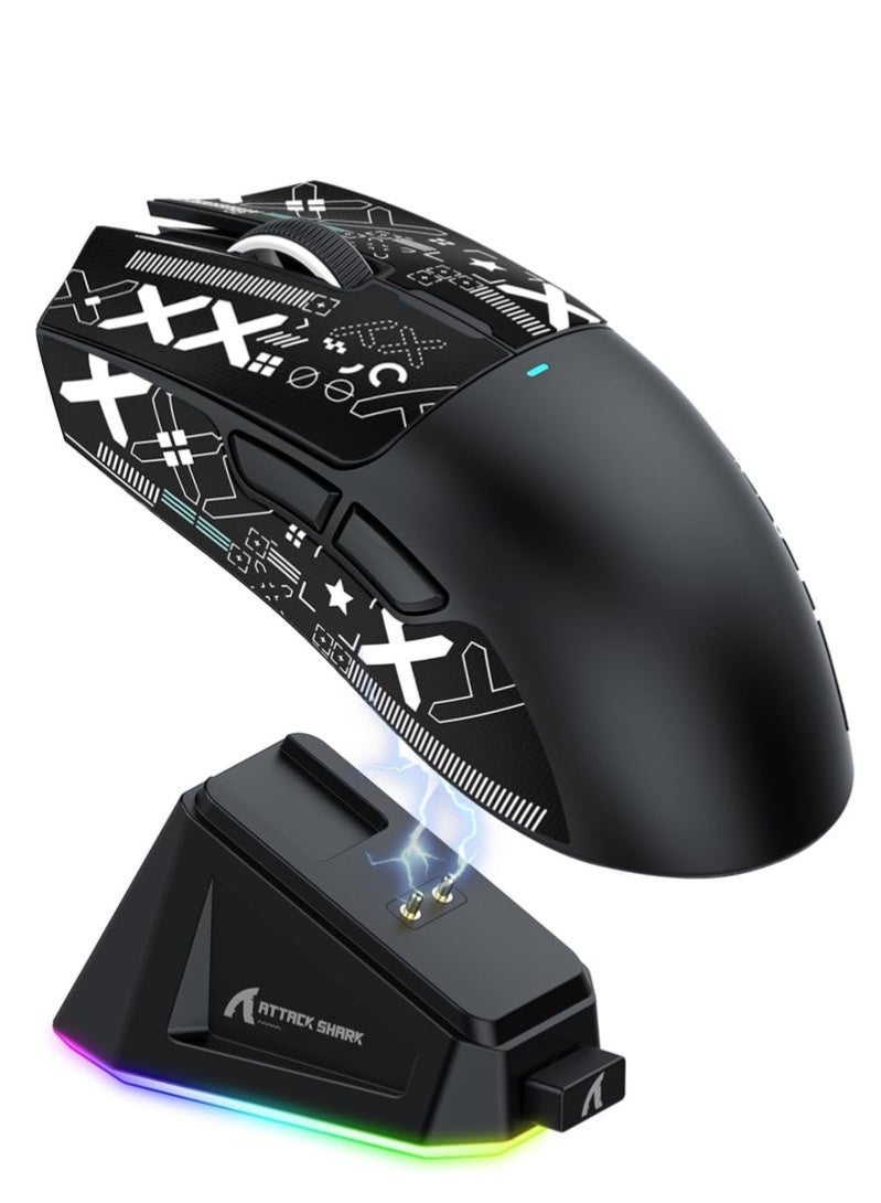 هجوم القرش ماوس ألعاب لاسلكي خفيف الوزن X11 مع قاعدة شحن RGB، ثلاثي الأوضاع - 2.4 جيجا هرتز/سلكي USB-C/بلوتوث، 22 ألف نقطة في البوصة، مستشعر بصري PAW3311، مفتاح HUYU، 5 أزرار قابلة للبرمجة لأجهزة الكمبيوتر الشخصية/ماك (أسود) - Image 1