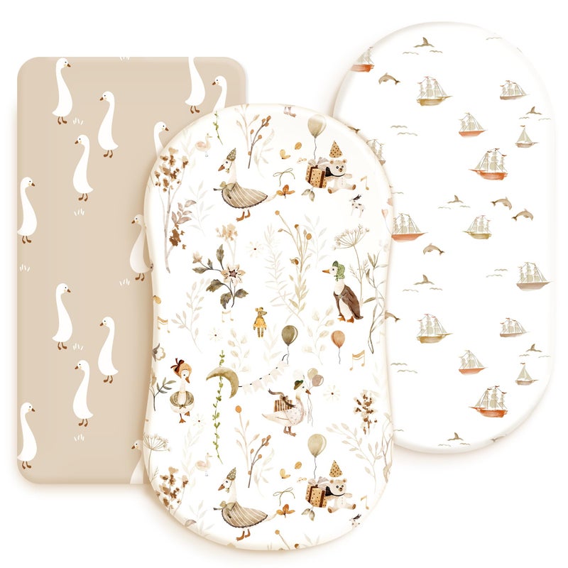GRSSDER Stretchy Ultra Soft Fitted Bassinet Sheets 3 Pack, Universal Fitted for Oval Rectangle Bassinet Mattresses Safe and Snug, Stylish Bassinet Sheet Gender-Neutral Print for Baby - Image 1