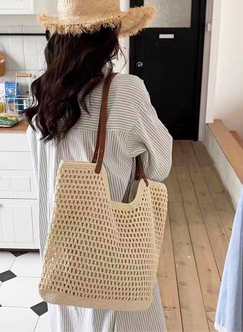 حقيبة كتف أنيقة منسوجة صيفية أنيقة منسوجة على الشاطئ للنساء حقيبة كتف كروشيه قابلة للتنفس للسيدات حقائب تنقلات غير رسمية للفتيات والجامعة والاستخدام اليومي والعطلات - Image 1