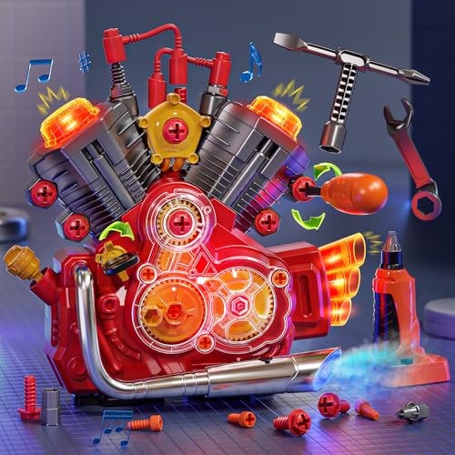 Jovow Engine Building Kit Kids Mechanic Toys for Motorcycle Engine Toy STEM Engine Model Kit Toy with Cool Light and Music Educational Science Building for Boys Age 3Year Old Mechanic Tools Red - Image 1