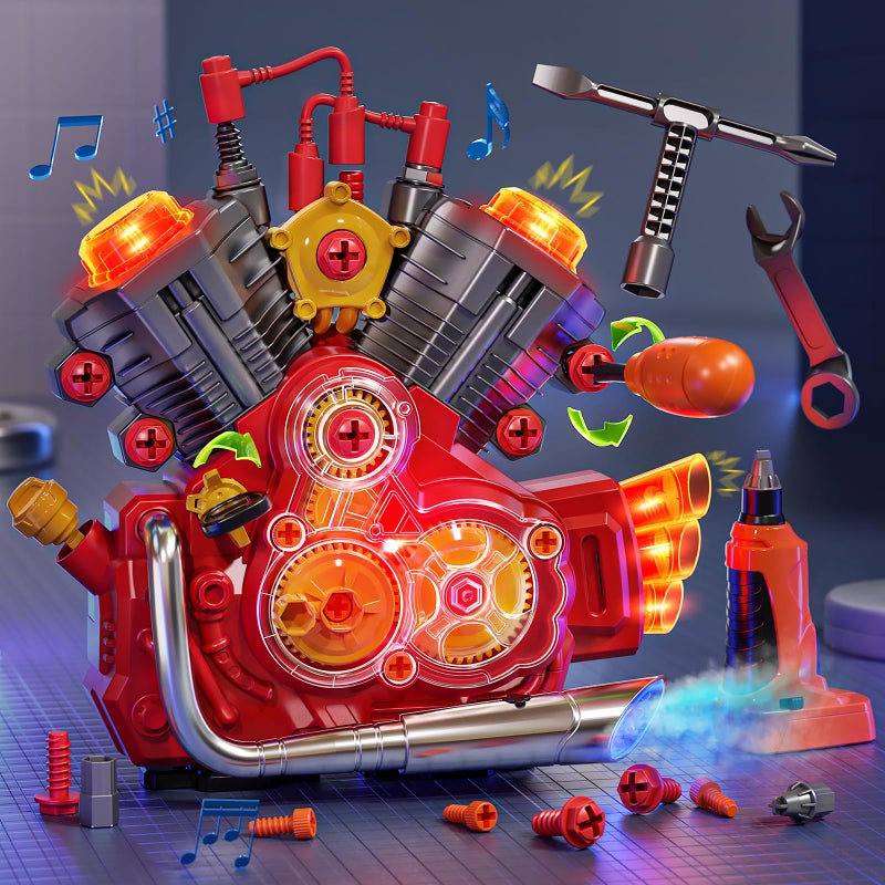 Jovow Engine Building Kit Kids Mechanic Toys for Motorcycle Engine Toy STEM Engine Model Kit Toy with Cool Light and Music Educational Science Building for Boys Age 3Year Old Mechanic Tools Red - Image 3
