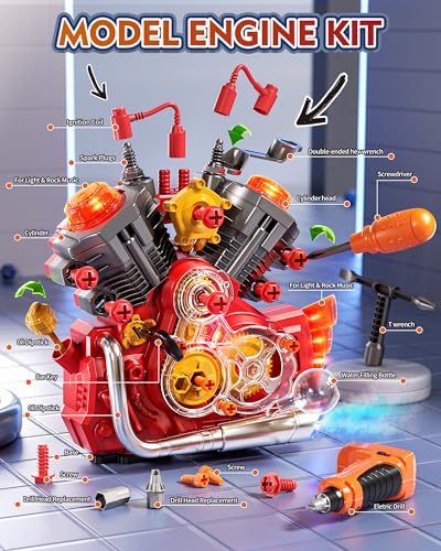 Jovow Engine Building Kit Kids Mechanic Toys for Motorcycle Engine Toy STEM Engine Model Kit Toy with Cool Light and Music Educational Science Building for Boys Age 3Year Old Mechanic Tools Red - Image 5