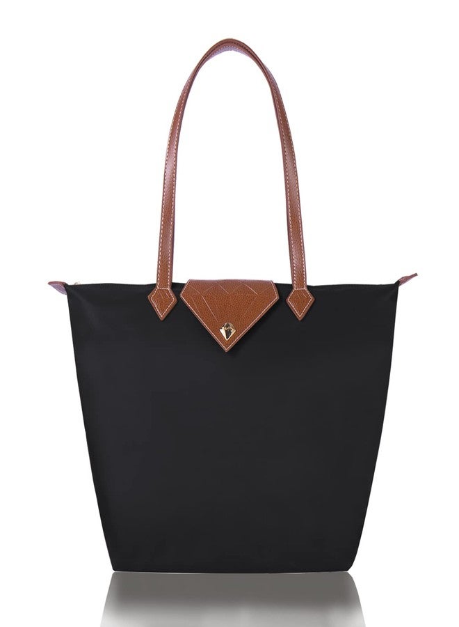 BOJLY Women Tote Bag,Stylish Waterproof Nylon Ladies Shoulder Bag, Folding Beach Travel Bag for Work,Shopping, Black Large - Image 1