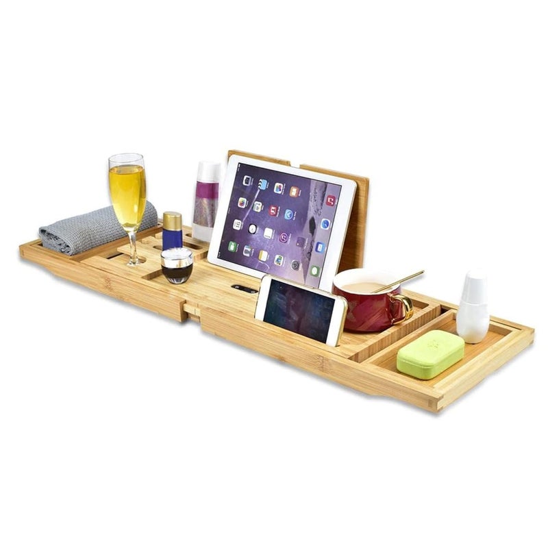 Everhype Bathtub Tray Bamboo Bathtub Caddy | Wooden Bathtub Caddy | Expandable Handles | Bathtub Organizer with Book, Tablet, Wine Glass, Cup, Towel, Cosmetics Holder - Image 1