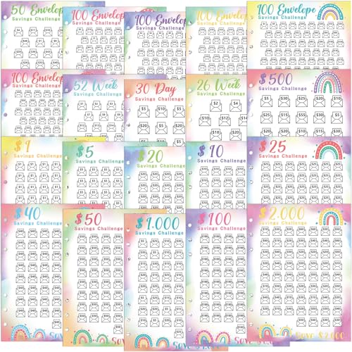 Jetec 20 Sheets Money Saving Challenge Binder Trackers with 6 Perforated Holes for 6 Ring A5 Binders 100 Envelopes Tracker Cards Money Savings Challenge Budget Planner to Save CashGradients Style - Image 1