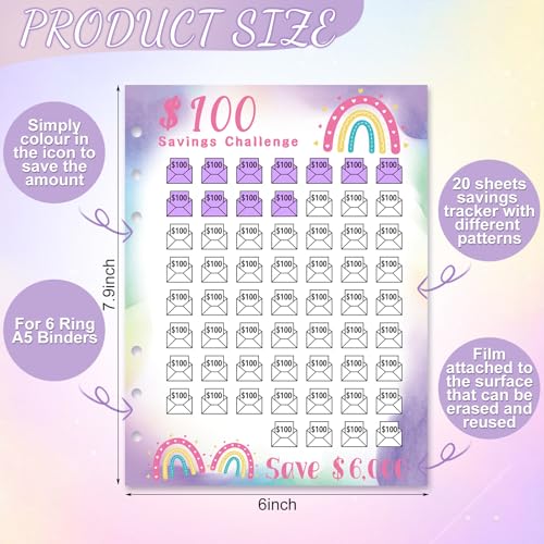 Jetec 20 Sheets Money Saving Challenge Binder Trackers with 6 Perforated Holes for 6 Ring A5 Binders 100 Envelopes Tracker Cards Money Savings Challenge Budget Planner to Save CashGradients Style - Image 3