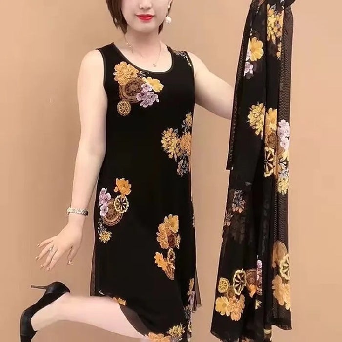 Middle-aged womens summer two-piece dress 40-50-year-old printed mothers rich wifes western style casual dress yellow flower
