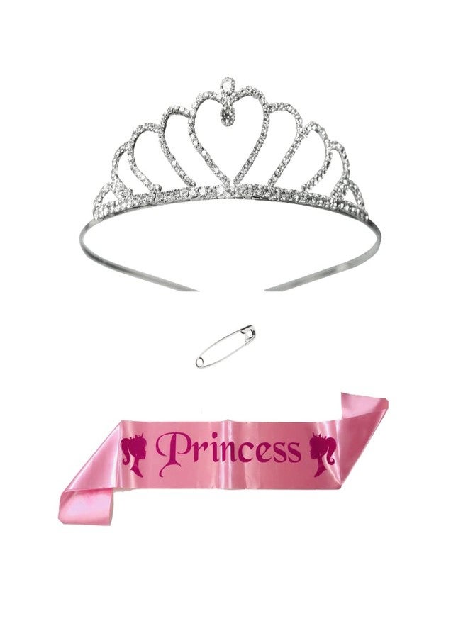 DECOFY Birthday Sash & Crown Set | Princess Queen Tiara Crowns Taj HairBand For Kids Girls & Womens (3 Pc Set- With Pin) - Image 1