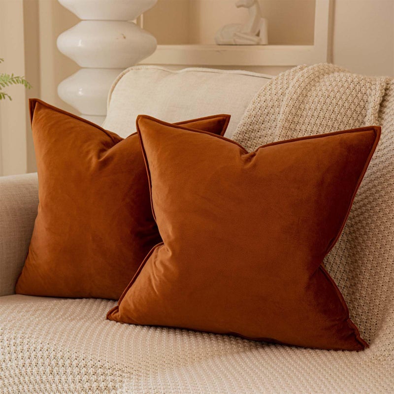 JUSPURBET Burnt Orange Decorative Velvet Throw Pillow Covers 16x16 inch Set of 2 Broadside Soft Cushion Case with Invisible Zipper for Sofa Couch Bed - Image 1