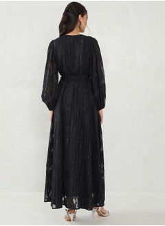 Femmella Black Self Design Wrap Look A-Line Maxi Dress by Styli  - Image 2