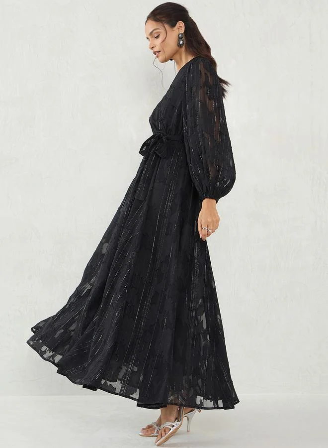 Femmella Femmella Black Self Design Wrap Look A-Line Maxi Dress