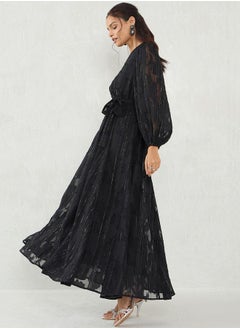Femmella Black Self Design Wrap Look A-Line Maxi Dress by Styli  - Image 5
